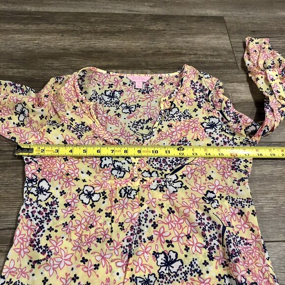 Lilly Pulitzer Blouse Tunic XS Multicolor Floral V Neck Empire Waist Roll Tab - Picture 7 of 10